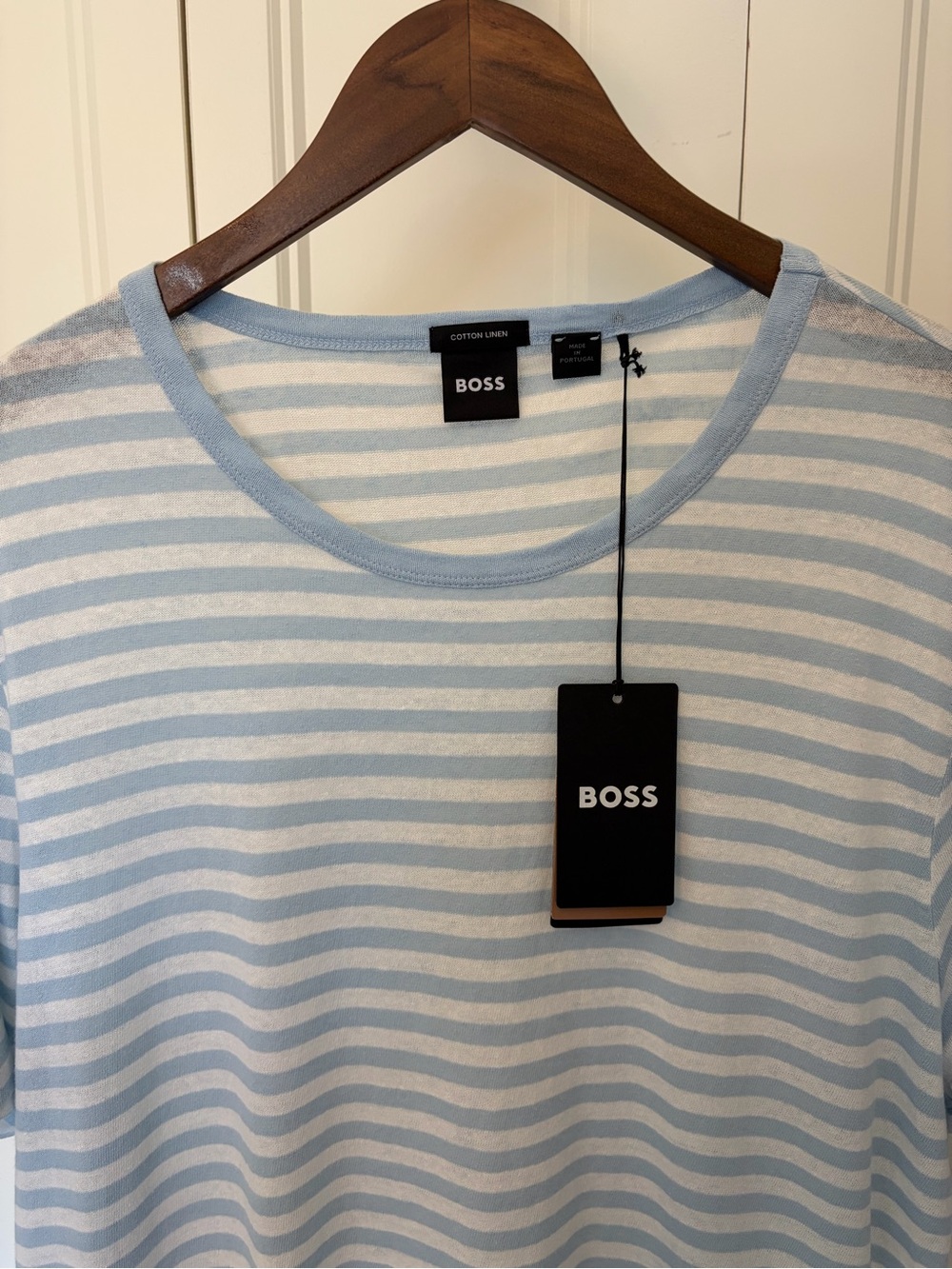 BOSS Linen-Cotton blend. Light Blue and White Striped Tee